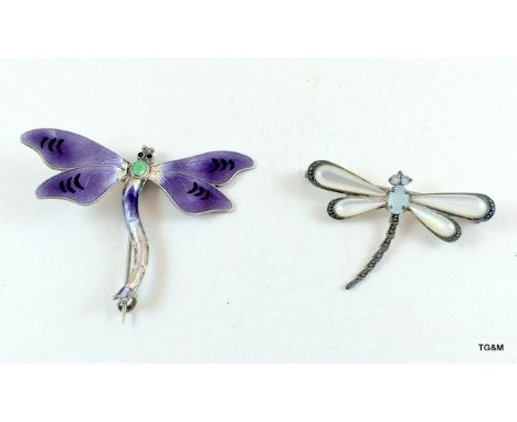 A pair of silver enamel/mother of pearl dragonfly brooches