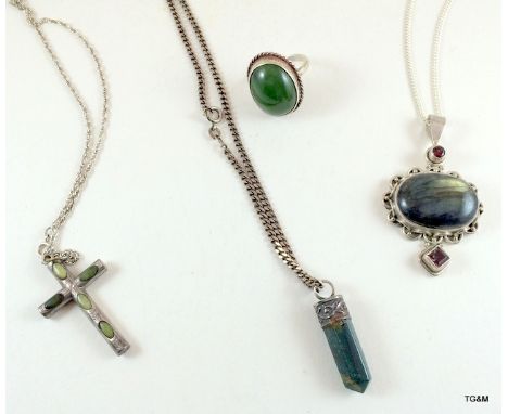 A collection of silver Agate and Jade set jewellery