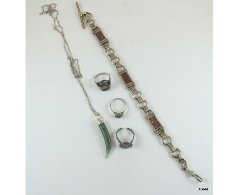 A Victorian and Agate pocket watch chain, miscellaneous Jade and silver items