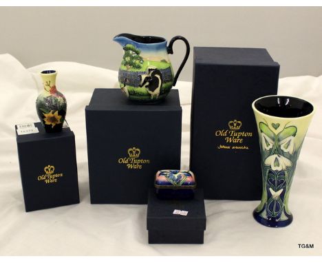 Old Tupton ware cow and goose jug, 2 x vases and an Iris Trinket box