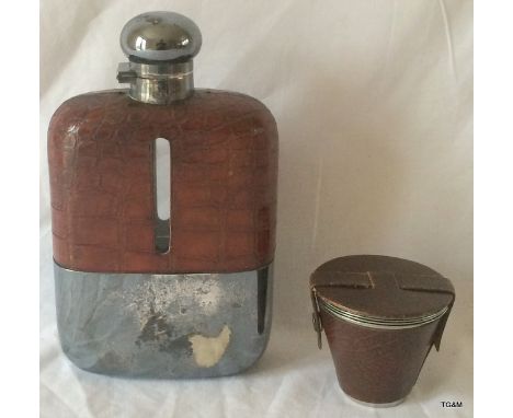 Large hip flask and a cased set of tot cups