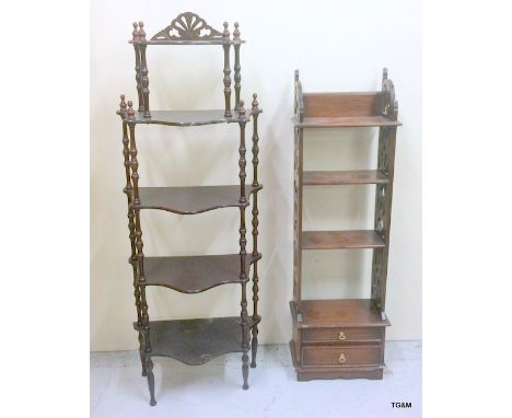 Two mahogany wall shelf units, one with a drawer to the base. 133 x 45 x 30