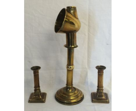 A glass Candle reading Lamp + A pair of Brass Candle Sticks