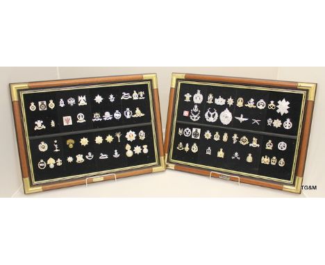 Two framed display boards containing a total of 80 badges from the Regiments of the British Army historic badge collection wi