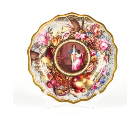 AN UNUSUAL ENGLISH PORCELAIN DESSERT PLATECirca 1830
Painted in the centre with a Regency couple and boy in an interior, the 