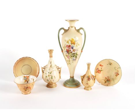 THREE ROYAL WORCESTER TWO-HANDLED VASES (6)Circa 1884-1913
Each decorated with flowers on a blush ivory ground, comprising a 