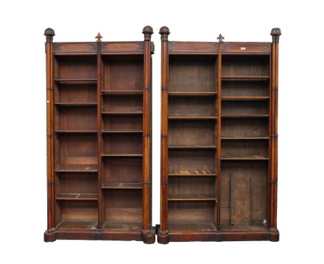 TWO 19TH CENTURY GOTHIC REVIVAL ROSEWOOD FLOORSTANDING OPEN BOOKCASES (2)With cluster column mounts, one is 138cm wide, the o