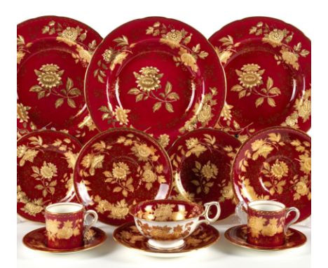 WEDGWOOD `RUBY TONQUIN' BONE CHINA PART SERVICE ( 80)20th century
Cream and gilt flowers on a deep red ground, comprising; fi