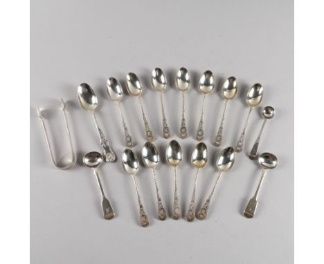 A GROUP OF SILVER TABLE FLATWARE (17)Comprising; a set of twelve Victorian teaspoons, with a matching pair of sugar tongs, al