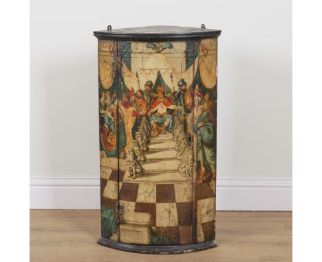 A GEORGE III POLYCHROME PAINTED BOWFRONT HANGING CORNER CUPBOARD50cm wide; 31cm deep; 68cm highCondition report; the bottom o