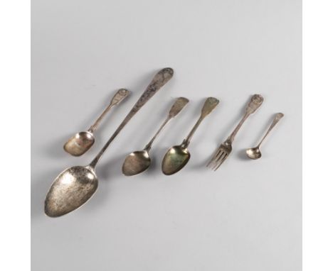 SIX ITEMS OF SILVER FLATWARE  (6)Comprising; an Irish basting spoon, probably Dublin 1792, a christening spoon and fork, Lond