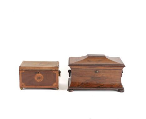 A REGENCY ROSEWOOD SARCOPHAGUS FORM TEA CADDY (2)On melon feet, 36cm wide; 19cm deep; 22cm high, together with a George III r
