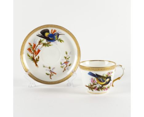A LARGE ROYAL WORCESTER CUP AND SAUCER (2)Circa 1875
Attributed to John Hopewell, each painted with birds in branches inside 