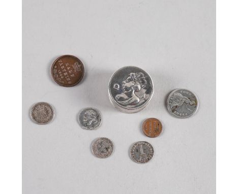 A QUEEN ANNE SILVER COUNTER BOX AND SEVEN COINS (8)The counter box of cylindrical form, the detachable lid with a portrait of