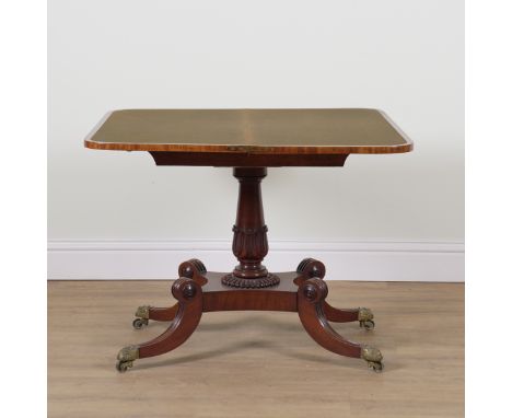 A GEORGE III KINGWOOD INLAID MAHOGANY ROUNDED RECTANGULAR FOLDOVER CARD TABLEOn four downswept supports, 92cm wide; 46cm deep