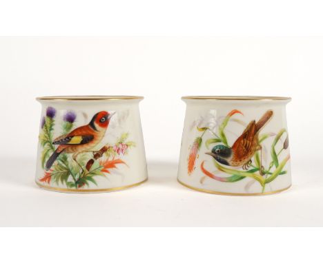 A PAIR OF ROYAL WORCESTER VASES (2)Circa 1883
Attributed to John Hopewell, each of tapered cylindrical form with everted rim,