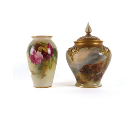 A ROYAL WORCESTER POT POURRI VASE AND COVER (3)Circa 1922
Painted by H.Stinton, signed, with two Highland cattle in a mountai