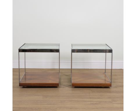 MERROW; A PAIR OF MID-20TH CENTURY CHROME AND GLASS SQUARE SIDE TABLES (2)Over rosewood bases, 55cm wide; 53cm deep; 53cm hig