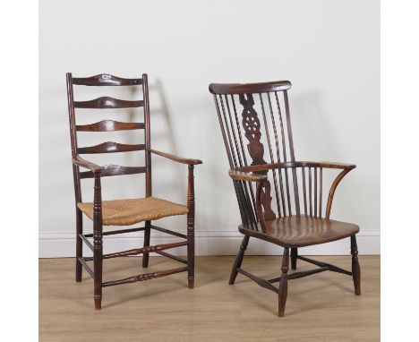 AN EARLY 19TH CENTURY RUSH SEATED FRUITWOOD LADDER BACK OPEN ARMCHAIR (2)56cm wide; 110cm high, together with a 19th century 