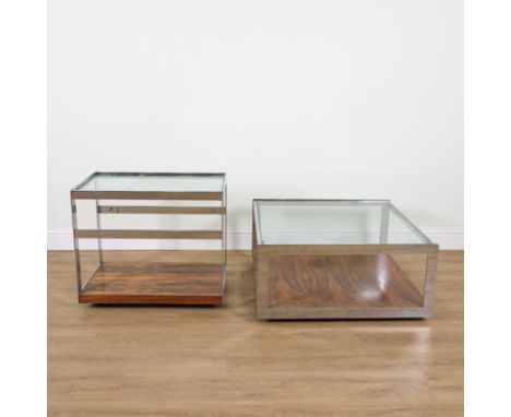 MERROW ASSOCIATES; A MID-20TH CENTURY CHROME AND GLASS SQUARE COFFEE TABLE (2)Over rosewood base, 86cm wide; 83cm deep; 41cm 