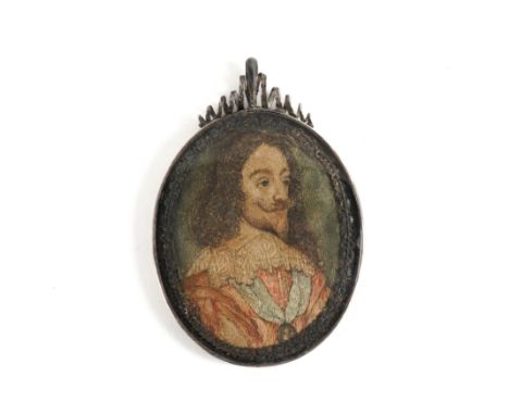 AN ENGlSH EMBROIDERED SILKWORK PORTRAIT MINIATURE OF CHARLES I AFTER AN ENGRAVING BY WENECLAUS HOLLARSecond half 17th Century