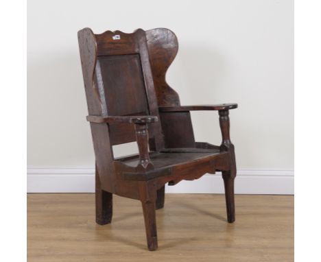 A 17TH CENTURY AND LATER OAK LAMBING CHAIR73cm wide; 97cm highOld marks and scratches present expected with the age of the it