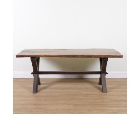 A 17TH CENTURY STYLE OAK TWIN PLANK TOP REFECTORY TABLEOn pegged X-frame supports, 68cm wide; 180cm long; 72cm high