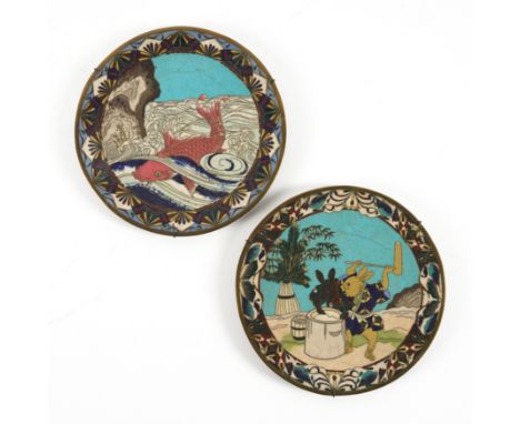 A PAIR OF JAPANESE MEIJI PERIOD SMALL CLOISONNE PLATESDepicting Japanese folk stories, 'The Rabbit in the Moon' and 'The Carp