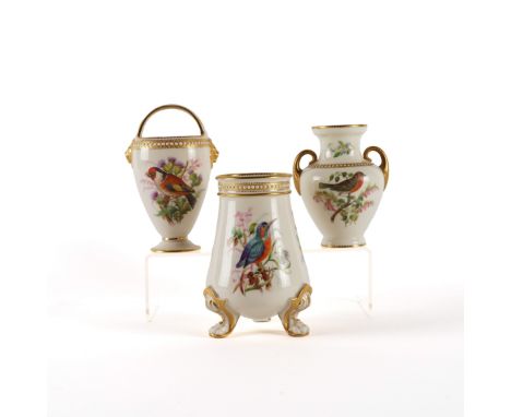 THREE ROYAL WORCESTER VASES (3)Circa 1875
Attributed to John Hopewell, each painted with birds and flowers beneath gilt and w