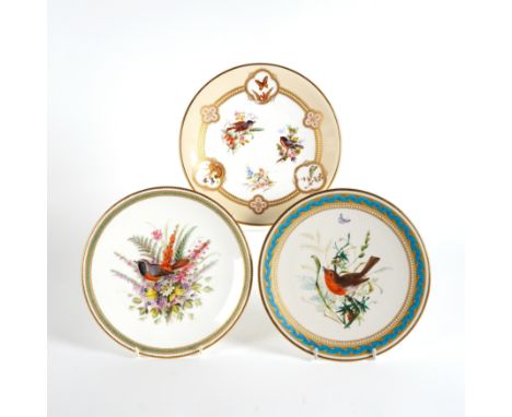 A ROYAL WORCESTER CABINET PLATE (3)Circa 1878
Painted in the centre, probably by John Hopewell, with three birds in branches,