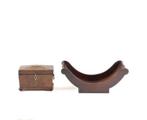 A REGENCY MAHOGANY SARCOPHAGUS FORM TEA CADDY (2)21cm wide; 12cm deep; 15cm high, together with a George III mahogany cheese 