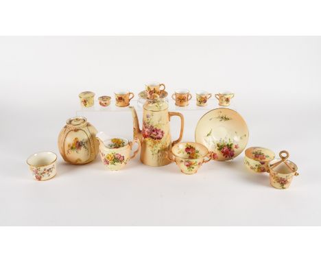 A GROUP OF ROYAL WORCESTER PORCELAIN ( 21)Circa 1894-1912
Each piece decorated with flowers on a blush ivory ground, comprisi