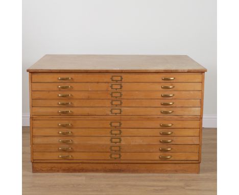 A 20TH CENTURY BEECH TWO PART TEN DRAWER PLAN CHESTOn plinth base, 149cm wide; 91cm deep; 92cm highOld marks and scratches pr