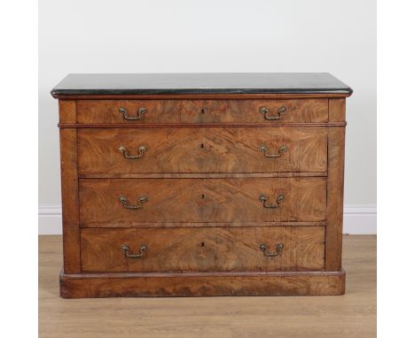 A 19TH CENTURY FRENCH MARBLE TOP COMMODEWith mahogany four drawer base, 123cm wide; 54cm deep; 90cm highGood overall conditio