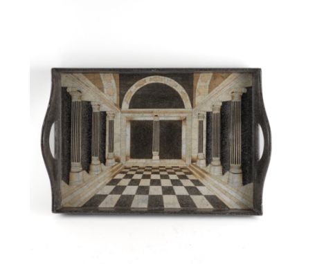 A TROMP L’OEIL TWIN HANDLED TRAY DEPICTING AN ARCHITECTURAL COLONNADELate 20th Century 
Possibly coquille d’oeuf lacquer, dep