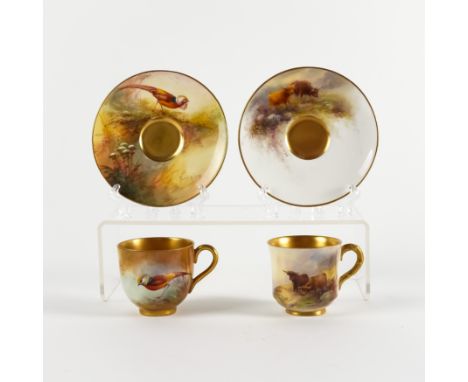 A ROYAL WORCESTER COFFEE CUP AND A SAUCER (4)Circa 1910 and 1928
Each painted with Highland cattle by H. Stinton, signed, sol
