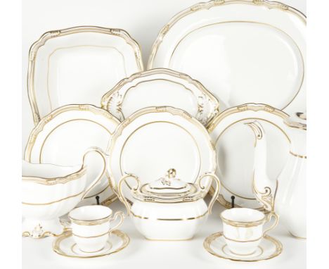 A SPODE WHITE AND GILT `SHEFFIELD' PATTERN BONE CHINA PART DINNER AND COFFEE SERVICEModern
Comprising; three circular tureens