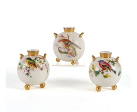 A PAIR OF ROYAL WORCESTER TWO-HANDLED GLOBULAR VASES (3)Circa 1882
Attributed to John Hopewell, each painted on both sides wi