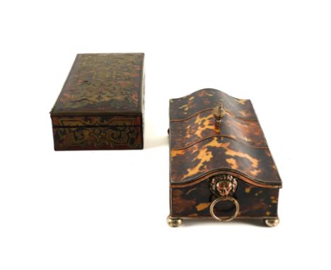 A REGENCY STYLE FAUX TORTOISESHELL VENEERED AND SILVER PLATED INKSTAND AND A VICTORIAN BRASS INLAID 'BOULLE' TORTOISESHELL BO