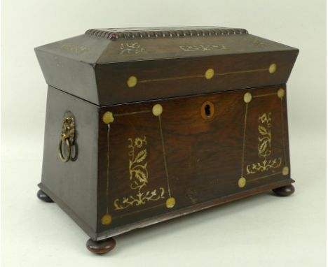 A Georgian rosewood tea caddy, lid with egg and dart border to the central raised cartouche and intricately inlaid with mothe