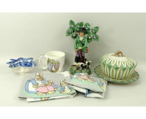 A group of ceramics comprising a Wedgwood cauliflower bowl and cover, on stand, a Copeland Spode vine leaf dipping bowl, a fl
