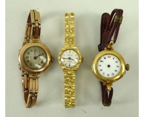 A group of lady's watches, comprising an 18ct gold cased watch with enamel dial and Arabic numerals, a 9ct gold cased watch w
