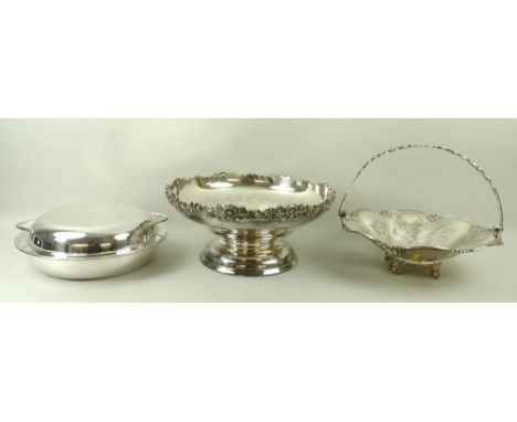 A Sheffield plate table centre bowl with raised floral borders, 31 by 14cm, an entre dish with two part ceramic bowl within p