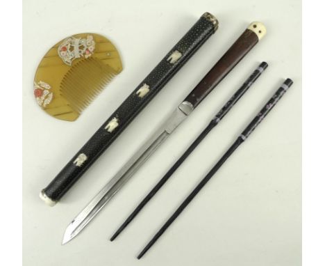 A Japanese eating set, late 19th century, comprising a knife and holder with later chop sticks, the knife with rosewood handl