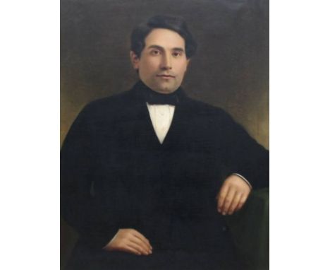 A late 19th/early 20th century portrait of a gentleman, oil on canvas, 90 by 70cm, in a gilt composition frame, with label ve