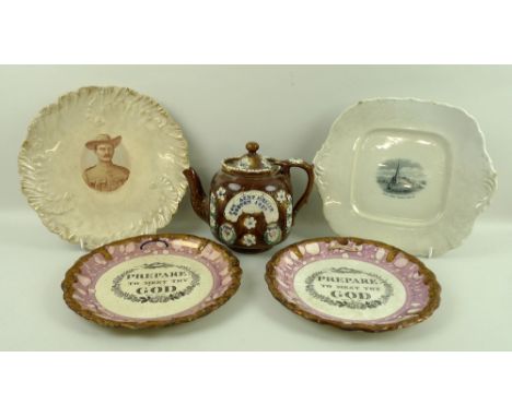 A pair of Sunderland motto plates, 'Prepare to Meet Thy God', 22cm, a Bargeware teapot, impressed 'For Aunt Mellie, Boston 18