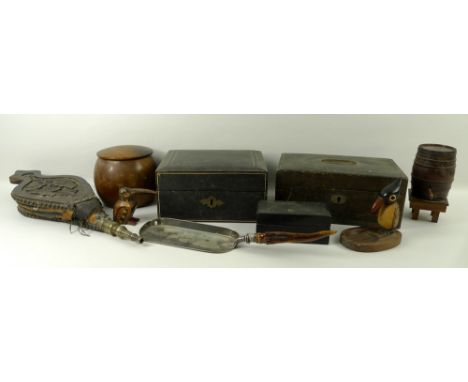 A collection of items comprising two leather covered jewellery boxes, a pair of oak bellows carved with leaves, a crumb tray 