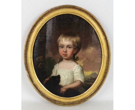An 18th century portrait of a young girl in a white dress, with her dog to the foreground, oil on canvas laid onto board, wit