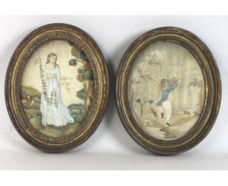 A pair of Georgian embroideries in oval formats, depicting a young girl in a blue dress, and a boy playing the tambourine, in