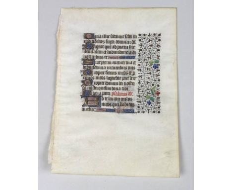 A 15th century illuminated manuscript page from a Book of Hours or Bible, probably from Northern France, 19 by 15cm.